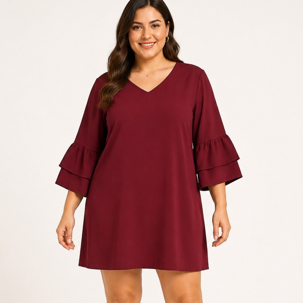 Belongsci Women's XL Burgundy V Neck Ruffle Bell Sleeve Mini Dress NWT